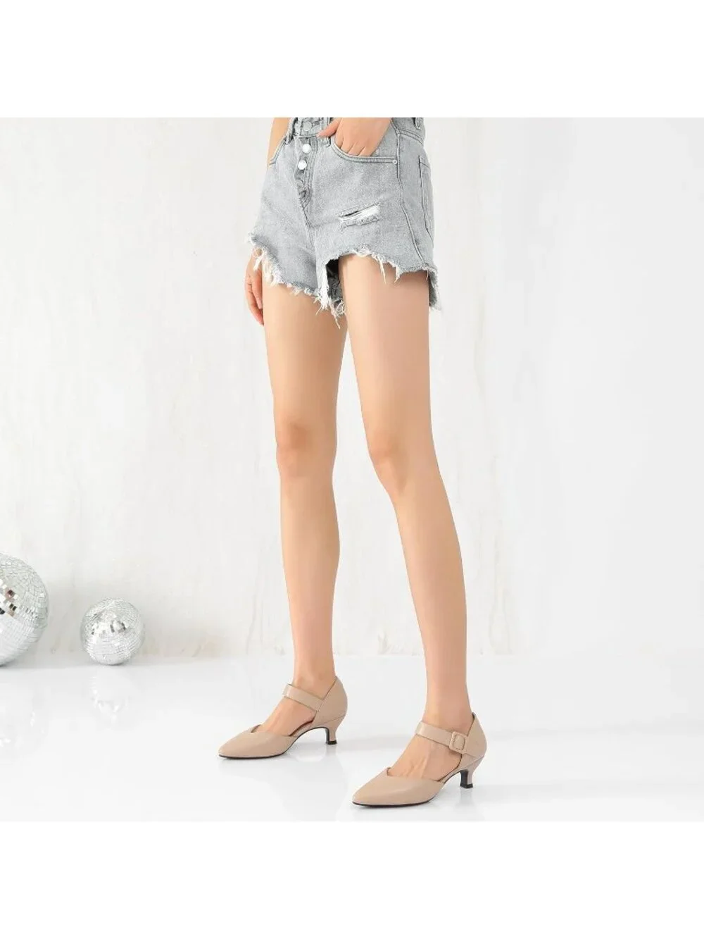Women's Nude Closed Pointed Toe Ankle Strap Buckle Heels Slip on Low Heel Shoes